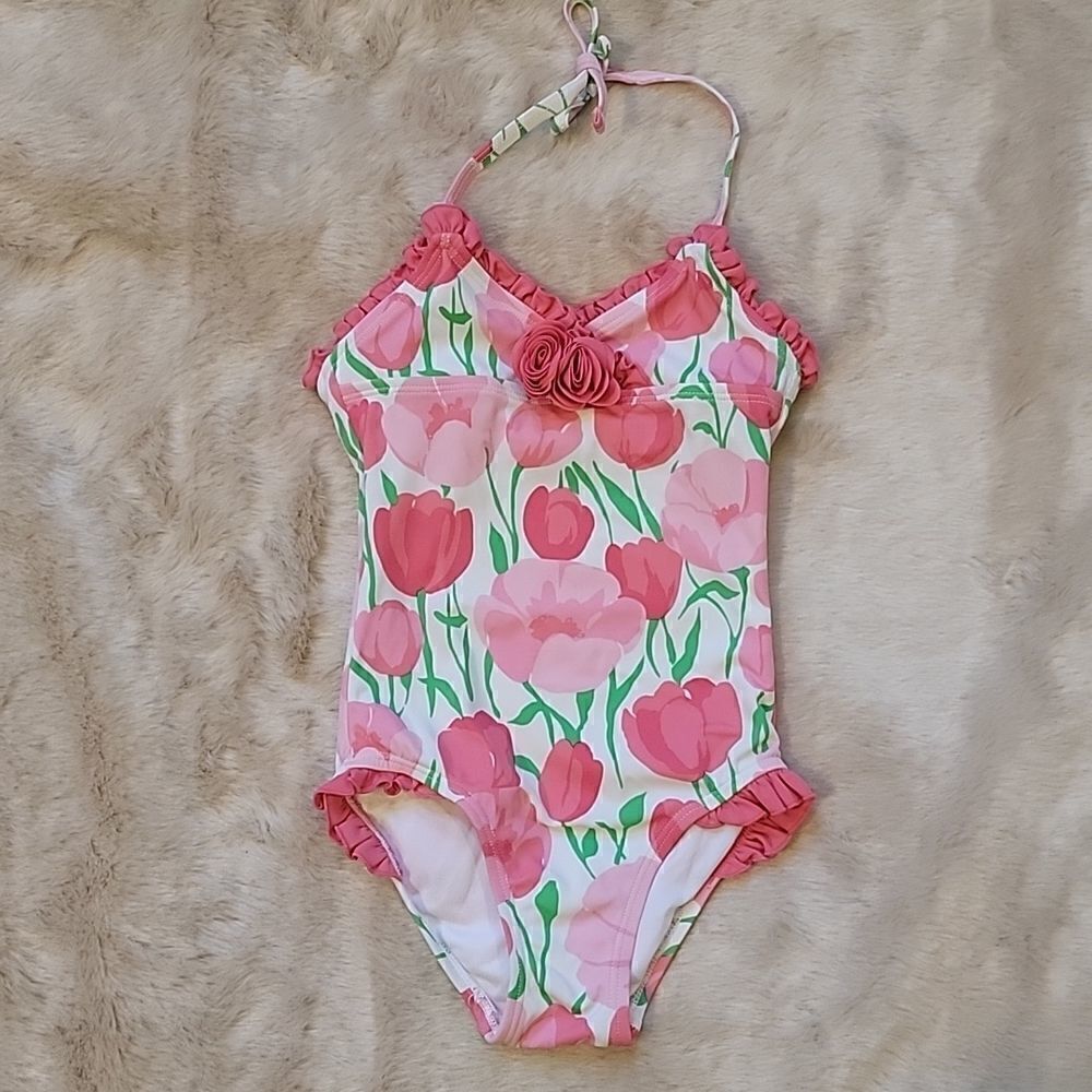 JANIE AND JACK PINK TULIP PATTERN SWIMSUIT, SIZE 2T
